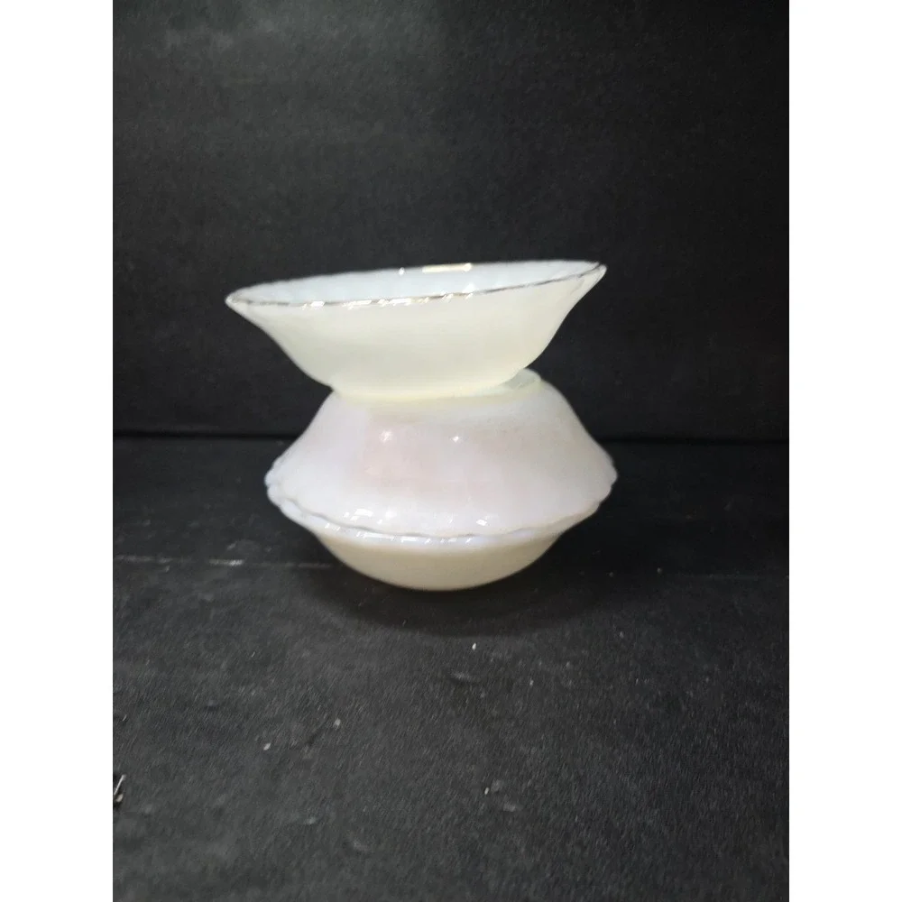 Anchor Hocking Milk Glass Berry Bowls, White Golden Shell Design, Set of 3 Bowls